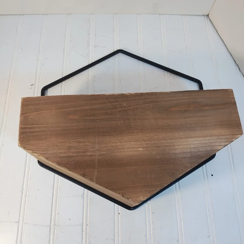 Hexagon Wood & Metal Wall Planter Floating Shelf Brown Black Geometric Decor